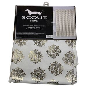 SCOUT Home Shower Curtain Snowflake Gold on White 100% Polyester 72x72” NWT